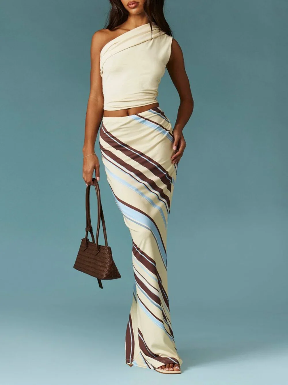 Multicolor Boho Women's Diagonal Stripe High Waist Bodycon Maxi Skirt - Picture 3 of 6
